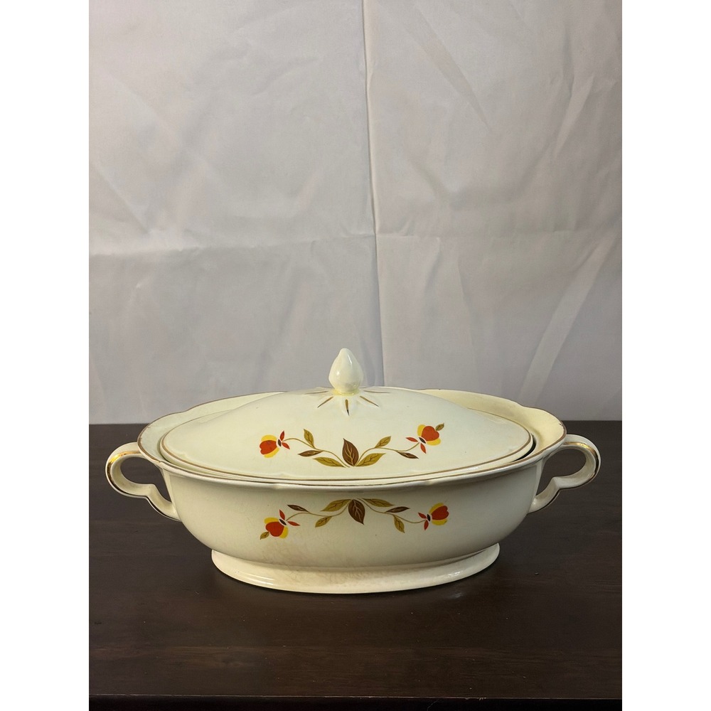 Vintage Hall China Autumn Leaf Jewel Tea Covered Casserole Dish Oval Tureen